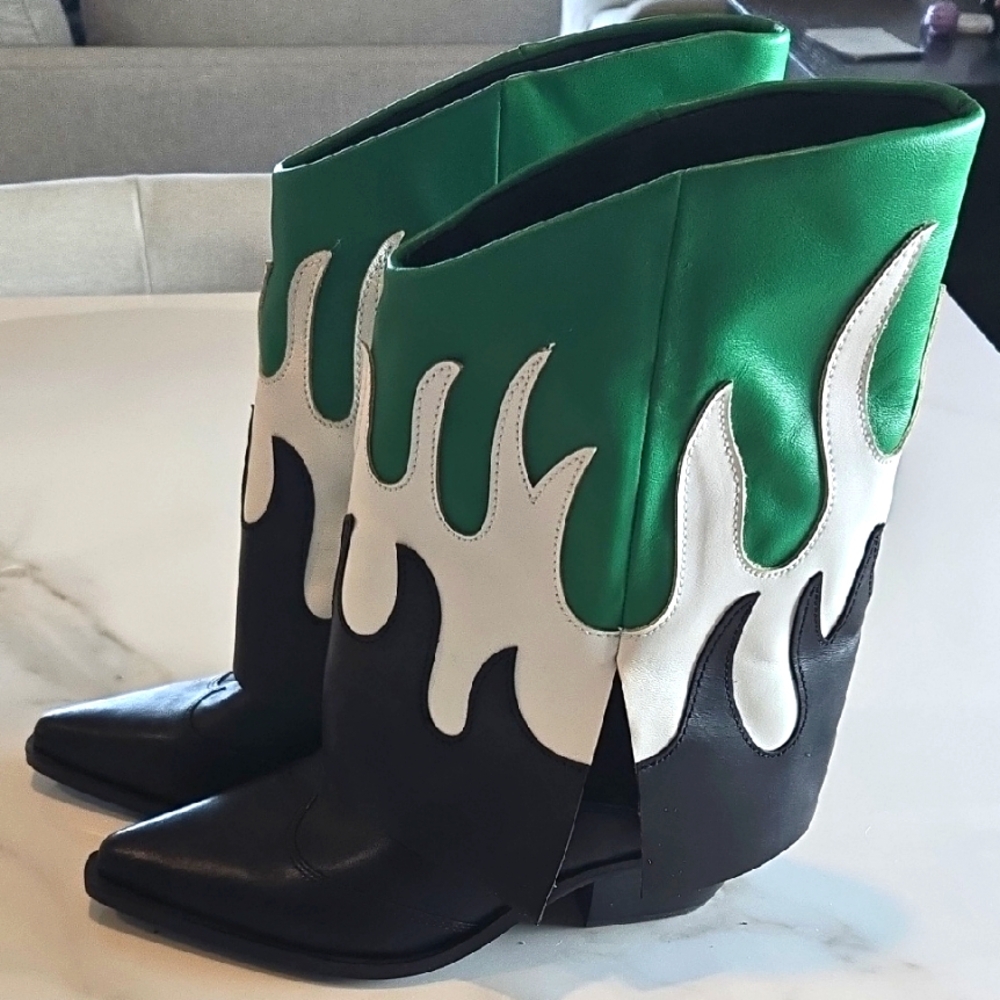 Gianni Bini Green and Black Heeled Boots with Flame Design